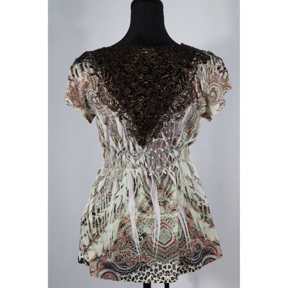 Apt. 9 Petite‎ PM Boho Paisley Lace Back Blouse with Beaded V-Neckline & Elastic - Picture 3 of 12